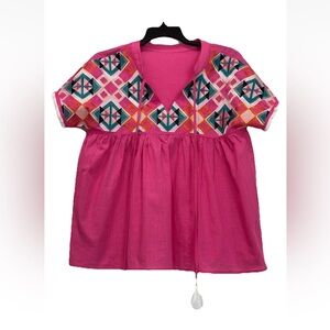 STRAWBERRY PINK Geometric Embroidered Tassle Tie Cotton Boho Top Size Small